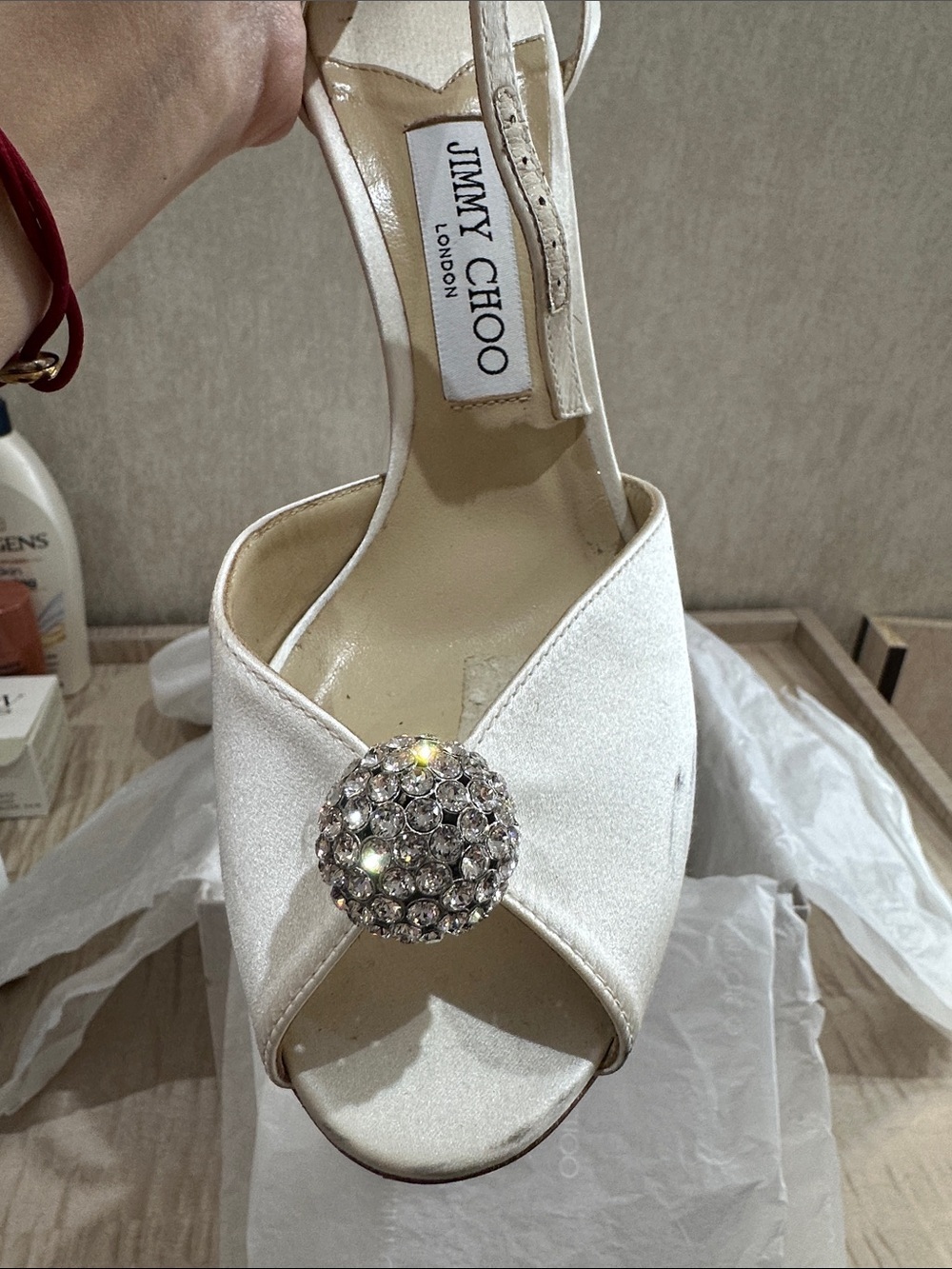 Jimmy Choo Ivory Crystal Satin Pointed-Toe Heels - Picture 9 of 12